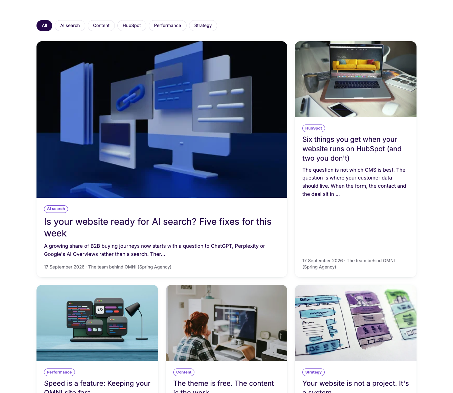 The blog listing with filter chips and article cards