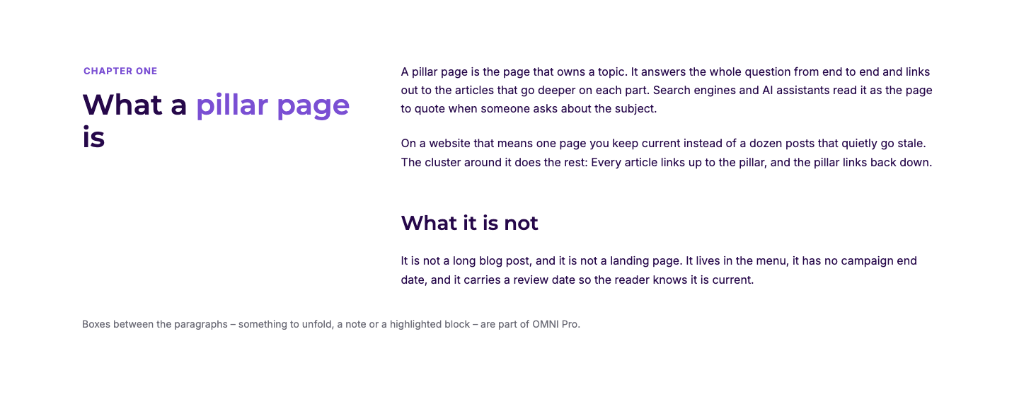 A text section on the pillar page: heading on the left, rich text on the right